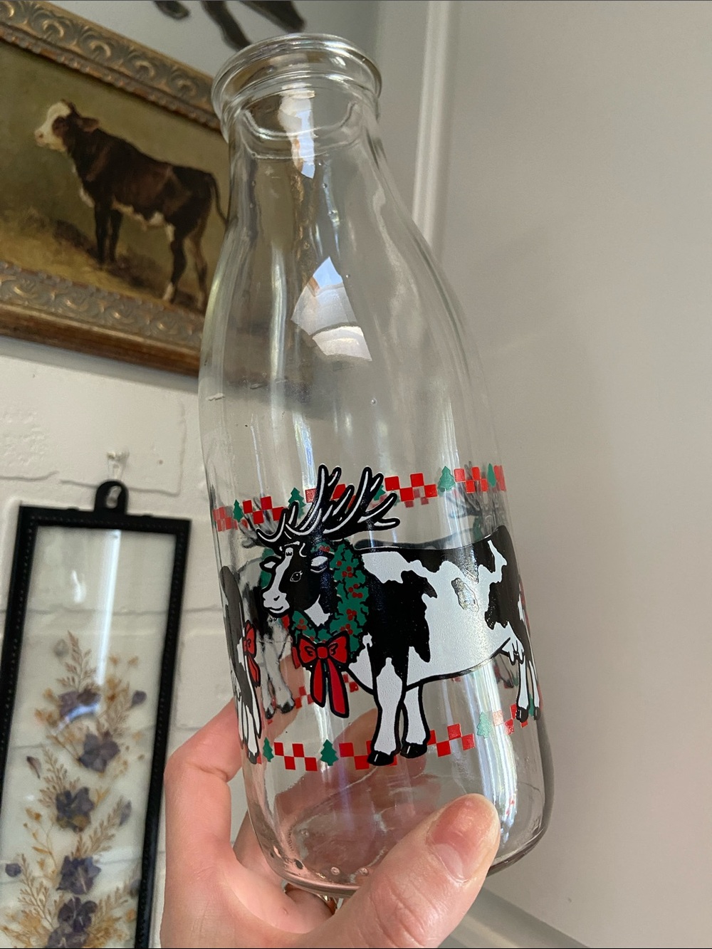 Holiday Cow Motif Milk Jug Serving Ware Juice Canister Farmhouse Christmas Cute